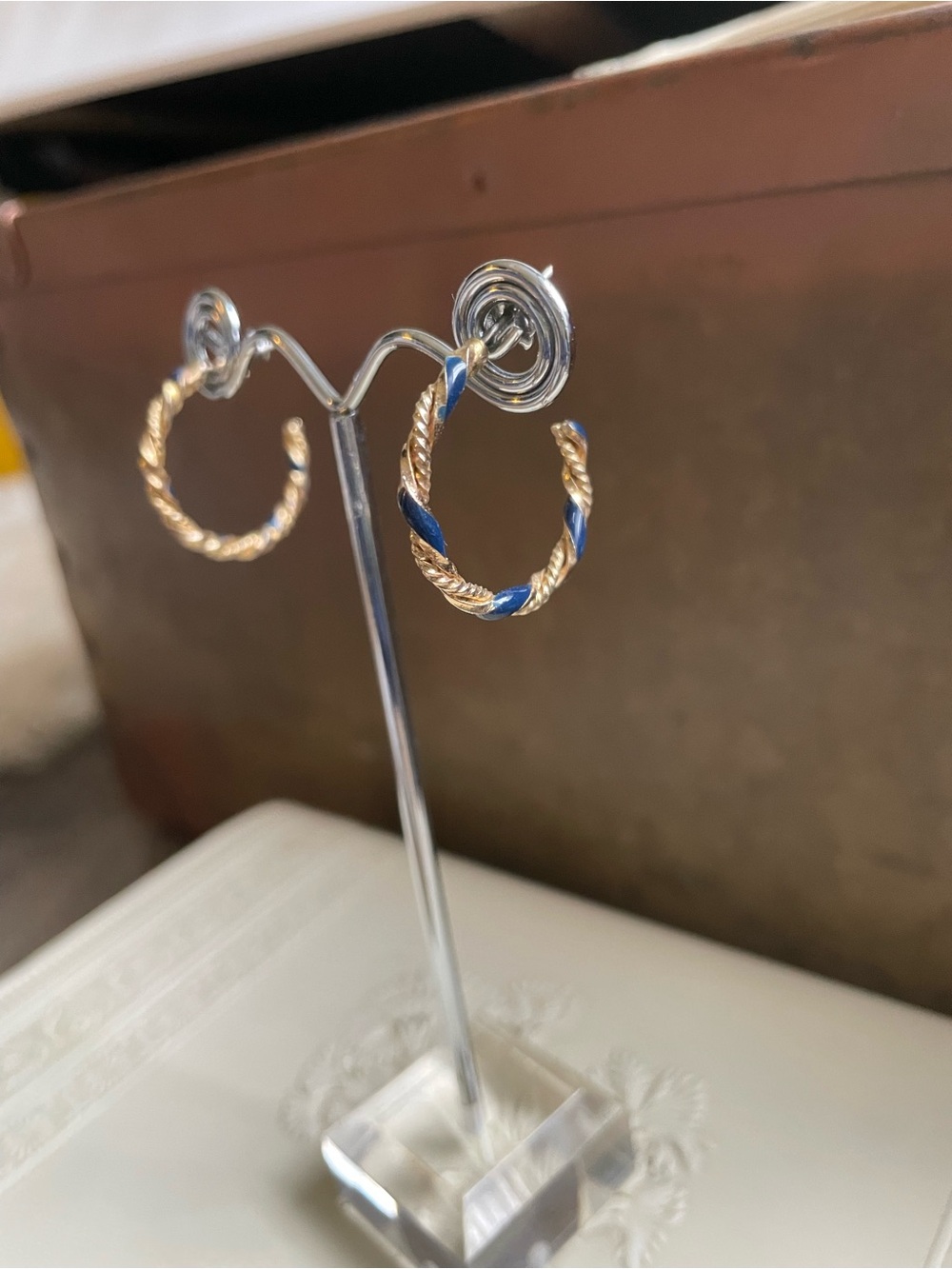 Vintage classic rope-twist earrings gold tone blue accent.